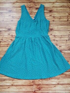 LC Lauren Conrad Women's XL Teal Polka Dot Criss Cross Sleeveless Flare Dress